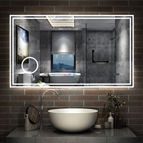 AICA Miroir de Salle de Bain LED avec Bluetooth, Mural Miroir avec Horloge + 3 Couleurs + Dimmable + Anti-buée + Grossissant 3X,Interrupteur Tactile Étanche IP44-160 x 80cm