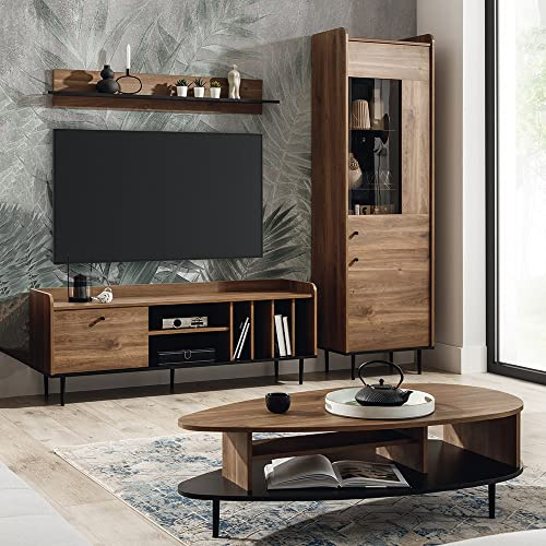 Lomadox Wohnwand mit 150 cm Lowboard, Vitrinenschrank, Wandboard und Couchtisch moderner Vintage Stil in Eiche Nb.