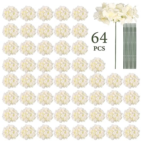 Auihiay 64pcs Silk Hydrangea Artificial Flowers, Champagne Artificial Hydrangea Flowers with Stems, Full Hydrangea Flowers for Wedding Centerpieces, Home, Garden, Party Decoration (Champagne)
