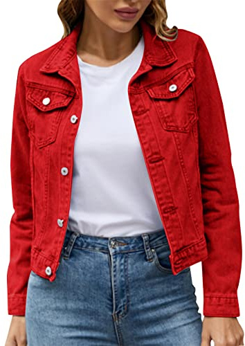 Veste basique pour femme - Couleur unie - En coton denim - Avec poches - Veste en jean - Veste en jean - Veste longue unie - Coupe-vent - Élégant - Blazer d'affaires, rouge, S