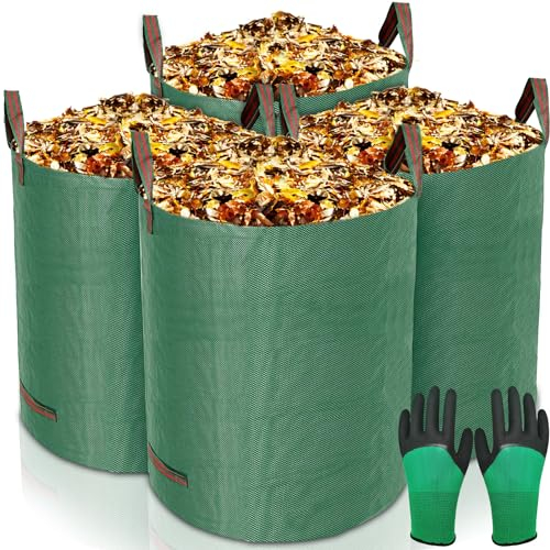 GUHAOOL Sacs de Jardin 4x272L,Sac de Déchets de Jardin en Polypropylène Extrêmement Robuste (PP),Pliables et Réutilisables,étanche Grande Sacs avec Poignées,Sacs Poubelle de Jardin(Gants de Jardinage)