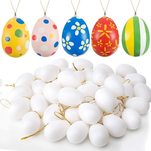 LOMYLM 12pcs Easter Crafts Polystyrene Eggs to Decorate, White Plastic Eggs | 6*4cm, with Hanging Cords, for Crafting Coloring Painting Dye DIY Fake Eggs Decorations Ornaments for Tree