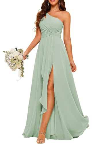HPPEE Vestido de dama de honor de gasa de un hombro con plisado largo una línea de vestido de graduación para mujer WYX476, Verde Salvia, 48