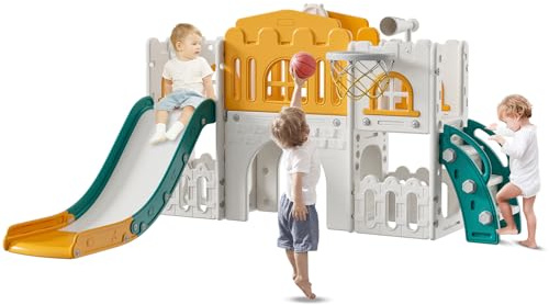 Baotree 9 in 1 Toddler Slide,Kids Slide Playset for Toddler,Indoor Outdoor Slide Toddler Playset with Ball & Hoop, Storage Space and Non-Slip Steps,Gift for Boys and Girls 1-6 Years (Green Orange)