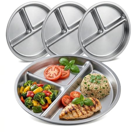 BEWBBAT Paquete de 4 platos divididos de acero inoxidable 304, platos divididos redondos de 8 pulgadas, 3 secciones, placas de control de porciones, placa de partición para adultos, camping, picnic