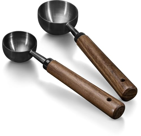 Modixun 2Pcs Coffee Scoop for Ground Coffee - 1 Tbsp (15ml) & 2 Tbsp (30ml) Tablespoon Scoop, 304 Stainless Steel Coffee Measuring Spoon with Long Walnut Wood Handle, Black
