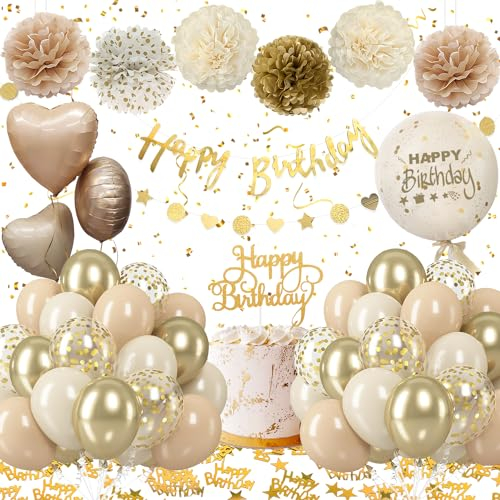 Birthday Decorations for Women, Beige Balloons Party Decorations with Happy Birthday Banner Foil Balloon,Paper Pompons for Men