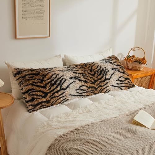 XeGe Fluffy Faux Fur Tiger Print Bolster Pillow Cover, 4.6ft, Brown | Fuzzy Body Pillow Case with Hidden Zipper, Decorative Long Plush Standard Bolster Pillowcase for Pregnant Women Side Sleeper