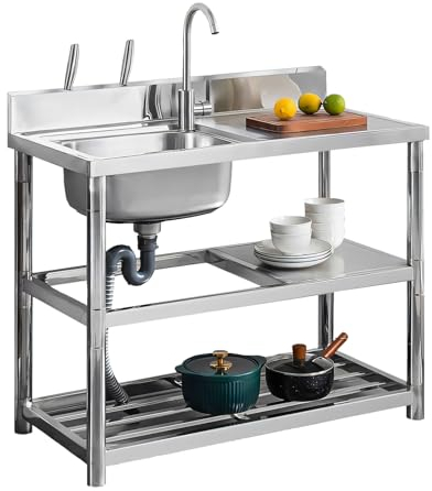 LCBDYLR Freestanding Single Bowl Laundry Sink Utility Sink with Hot and Cold Water Plumbing Workbench & Storage Stainless Steel Sink for Kitchen and Bathroom Farmhouse Style