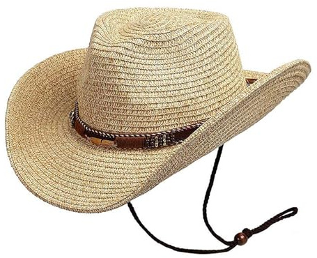GEMVIE Men and Women Summer Cowboy Hat Crushable Western Straw Cowgirl Hat with Windproof Rope Straw Sun Hats