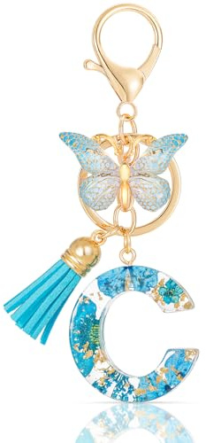 MWOOT Letter Keychains Initiale Lettre Porte Clef Lettre C,Alphabet Initial Keyring avec Papillon Pendentif,Bleu Pétales Feuille D'or Key Ring pour Femmes Filles Portefeuilles Sac à Main Charme(C)