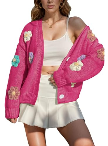 ANUFER Femmes Charmant Fleur Crochet Chandail Col en V Boutonné Manches Longues Tricoter Cardigan Hauts