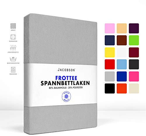 Jacobson Premium FROTTEE Spannbettlaken Spannbetttuch Bettlaken Baumwolle ca. 200g/m² (140-160x220cm + 40cm, Grau)