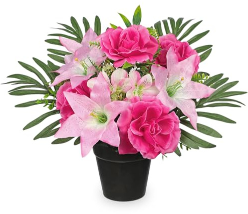 Hollyone Künstliche Friedhof Blumen für Grabschmuck, Kunstblumen im Topf für Grab, Rosa Künstlicher Rosen und Lilien Deko Blume Grabgesteck Gedenkstätte Seidenblumen