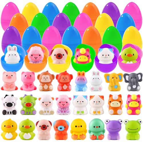 XIMISHOP 24PCS Filled Easter Eggs with Animal Squeeze Toys，Colorful Slow Rising Easter Squeeze Toys for Kids Party Favours Classroom Prizes Basket Filler