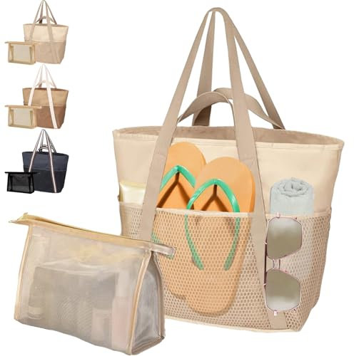 AUNGKWANG 2 Stück Mesh Strandtasche XXL Familie, Badetasche Damen, Große Wasserdichte Strandtasche Damen mit Kleine Badetasche, Beach Bag für Strand, Urlaub, Reisen Einkaufen und Alltag, Cremefarben