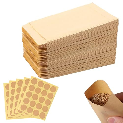 Samentütchen, 100 Stück Papiertüten Klein, 13.5 * 9 cm Flachbeutel mit Aufklebern, Leer Umschläge Geschenktüte, DIY Mini Kraftpapier zum Befüllen für Schmuck Münzen Kleinigkeiten Hochzeit (Braun)