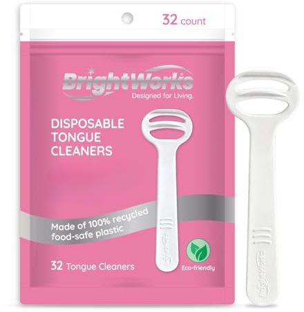 Brightworks Disposable Tongue Scraper for Adults – 96 Count Hygienic Tongue Cleaner for Fresh Breath – Recycled Plastic, Curved Design Tongue Cleaner – Travel-Friendly