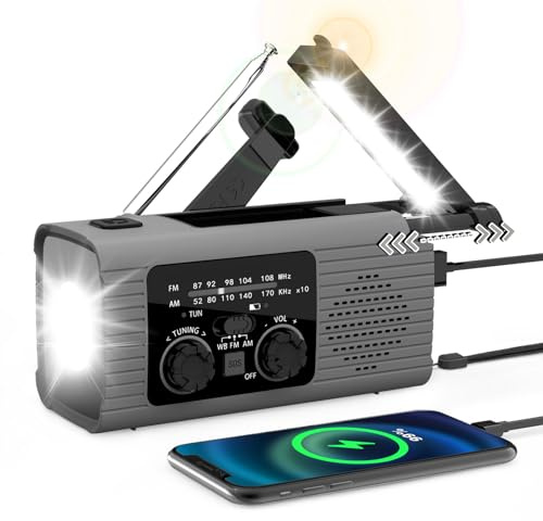 Radio Meteorológica para Emergencias Domésticas al Aire Libre, Radio Portátil y Recargable Am/FM/NOAA y Alarma SOS, Energía Solar, Manivela de Dinamo Manual, Linterna, Lámpara de Campamento