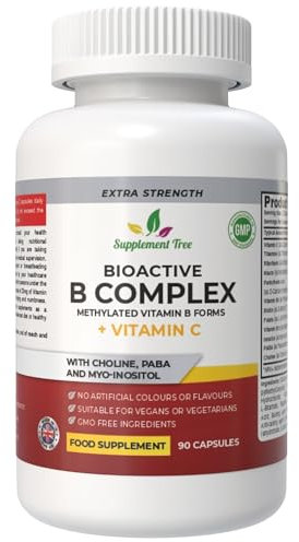 Bioactive B Complex with Vitamin C – Methylated B12, Folate (5-MTHF), B6 P5P, PABA, Choline, Inositol – High Strength, 90 Vegan Capsules – Non-GMO