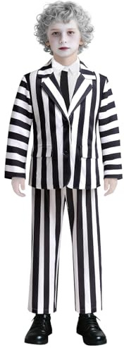 GMEDJVE Costume Halloween Enfant Costume à Rayures Noir et Blanc Ensemble 3 Pièces pour Garçons Costume Personnage Film Fantôme Cosplay