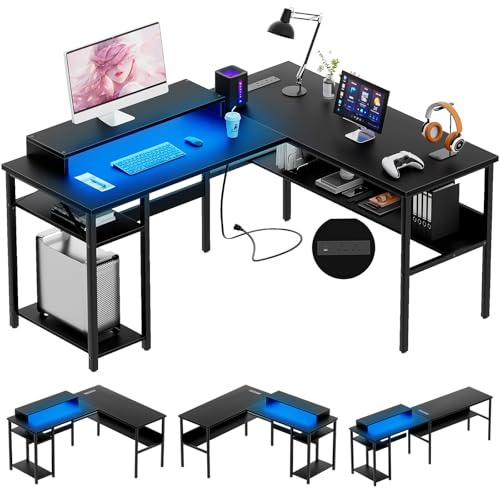 iSunirm L Shaped Desk, Gaming Desk with LED Lights, Reversible Computer Desk with Storage Shelves, Corner Table with Monitor Stand for Home, Office,Black