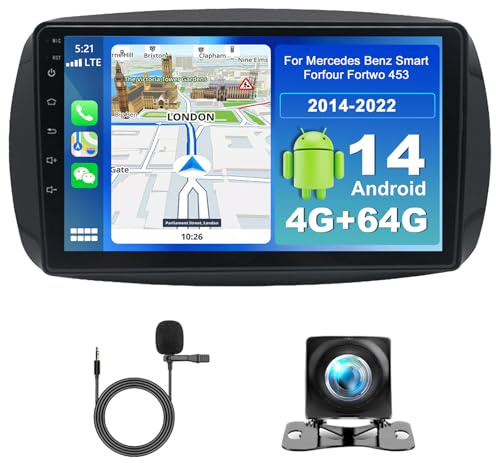 Surakey 4G+64G Android 14 Radio Coche para Mercedes Benz Smart Forfour Fortwo 453 2014-2022 con Inalámbrico CarPlay Android Auto 9 Pulgada Autoradio con GPS WiFi Bluetooth FM RDS SWC Micrófono Cámara