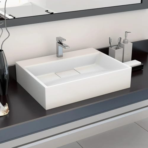 HaoChrymec Waschbecken aus Mineralguss mit Hahnloch, Modernes Design, Ideal für Badezimmer, Waschküche oder Schminkraum, Weiß, 50 x 38 x 13 cm