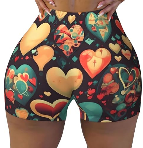 Short de sport pour femme imprimé cœurs colorés - Pantalon de sport tendance pour un usage quotidien - Pantalon de yoga décontracté, noir, Taille M