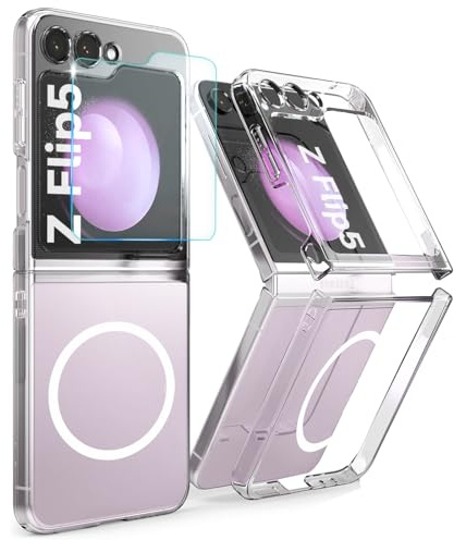 MIMGOAL Hülle für Samsung Galaxy Z Flip 5 5G Magnetisch Transparent | Kristallklare Hart-PC-Hülle, Gehärteter Glas-Displayschutz, N52-Magnetring für MagSafe, Anti-Vergilbung