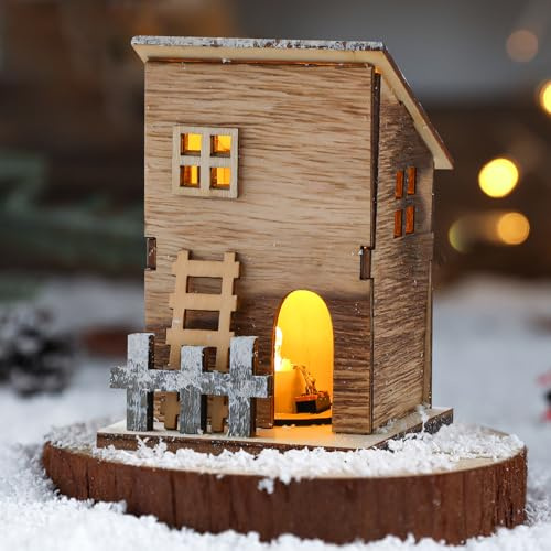 Timasser Weihnachtsdeko Holzhaus mit LED Beleuchtung, DIY Wichtelhaus Weihnachtsdorf Miniatur Haus Tischdeko Weihnachten Tischdeko Weihnachtlicher Zierschmuck für Weihnachten (B)