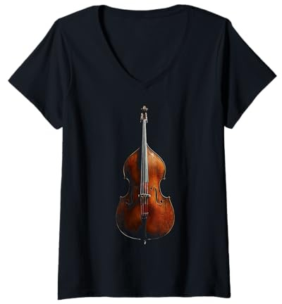 Femme Motif Instrument de Musique contrebasse T-Shirt avec Col en V