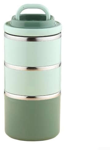 Lonchera de acero inoxidable apilable aislada con 3 niveles y sellos de silicona para prevención de fugas y frescura (verde)