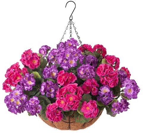 INSPRING Geraniums Artificial Flowers Hanging Basket for Outdoors Outside Spring Decoration, 8 Bundles Silk Flowers Fake Plants Look Real UV Resistant for Porch Home Patio Balcony Yard, Purple Fuchsia