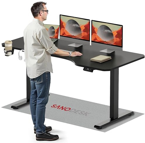 SANODESK 160×75CM Electric Standing Desk Height Adjustable Corner Standing Desk with Hooks and Cupholder Sit Stand Table Adjustable Desk with Memory Smart Pannel for Home Office