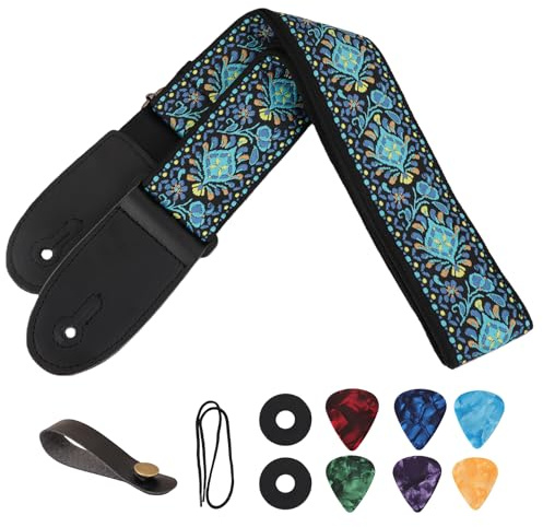 GCNWW Guitar Strap for Acoustic, Blue Embroidered Guitar Straps with Adjustable Comfortable Durable Design for Electric Guitars Bass Banjos Mandolins Ukulele and More Music Lovers