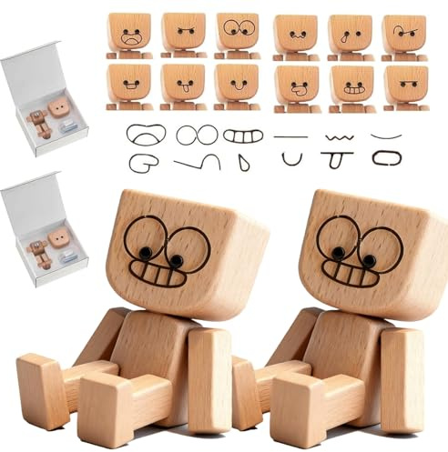 ZhongShuang 2 Stück Schüttelmann Holz,Lustige Wackelfigur Auto Mit 12 Magnetischen Gesichtsausdrücke, Armaturenbrett Autozubehör Schreibtisch Dekoration Figurine,Geschenke Für Männer