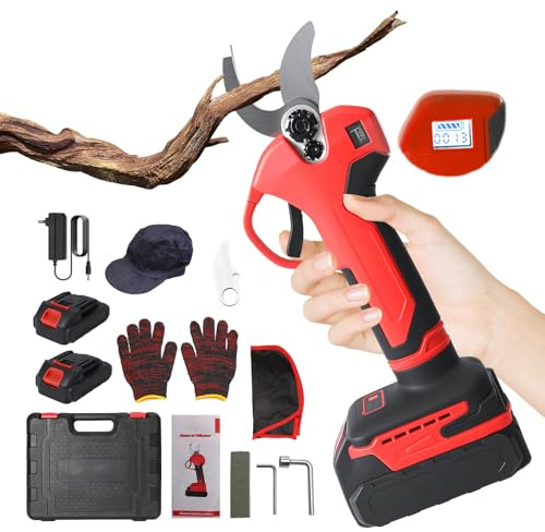 Cesoie da giardino a batteria, 30 mm, forbici da giardino elettriche professionali con 2 batterie da 1500 mAh, attrezzi da giardino con contatore a LED, per potatura efficiente (rosso)