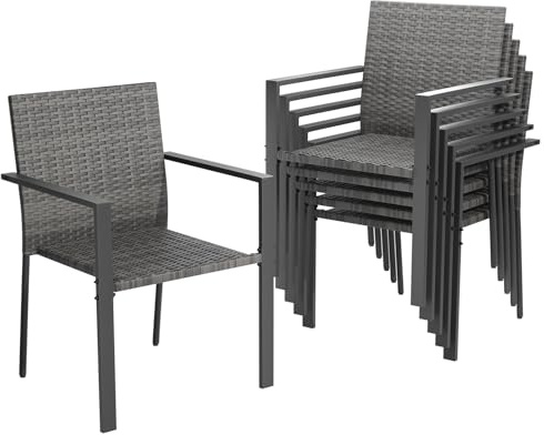 Amopatio Gartenstühle Stapelbar 6er Set, Polyrattan Stapelstuhl Garten mit Armlehnen, Stabiler Stahlrahmen, Wetterfest Rattansessel - Rattan Balkonstühle für Balkon, Terrasse, Grau