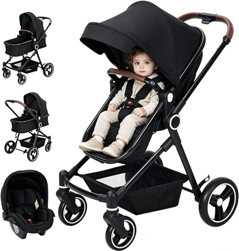 3 in 1 Kinderwagen ab Geburt bis 26 kg, Buggy mit Babywanne & Babyschale (R129), einhändig klappbar, Liegefunktion, wendbarer Kindersitz, Schwarz