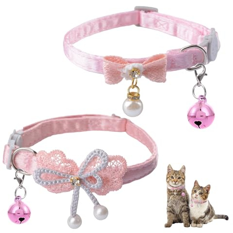HACRAHO Katzenhalsband mit Glöckchen, 2 Stück, Schmetterlinge und Schleifen, Leder, Katzenhalskragen, verstellbar, mit abnehmbarer Schleife, Rosa, für Mädchen und Katzen (Rosa)