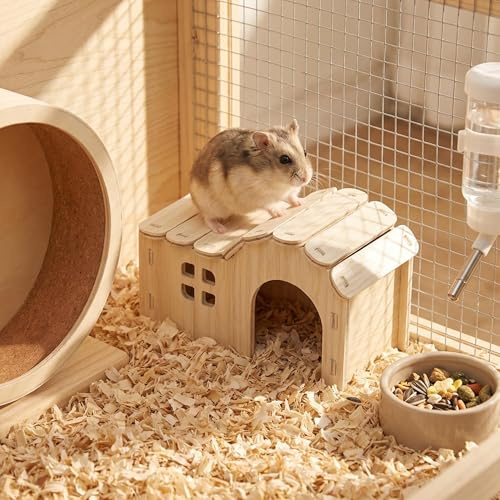 Wooden Playhouse Hedgehog House Hamster Playpen (C-Hide House) | Wooden Hamster Hide House with Window 2-Chamber Small Animal Hamster Platforms Chew-Resistant Small Animal Shelter for Cage