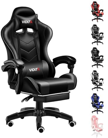 Ergonomischer Gaming Stuhl mit Fußstütze, verstellbarer Gaming Chair mit Lendenkissen, Kopfstütze & 135° Rückenlehne, drehbarer Bürostuhl für Büro, Homeoffice & Zocken mit Komfort, Schwarz, 150kg