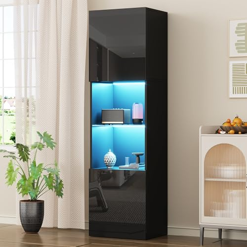 NuvlaGu Hochglanz Glasvitrine Schwarz mit LED-Beleuchtung 45x35x160 cm, Vitrinenschrank mit Glasboden, Hochschrank & freistehende Standvitrine für Wohnzimmer, Büro und Schlafzimmer