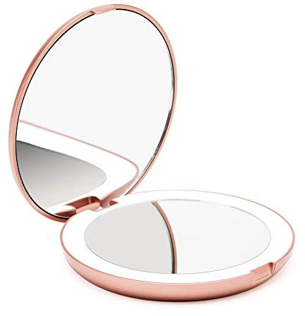 Fancii Miroir Lumineux de Poche, Grossissant 1x / 10x – LED Miroir à Main de Maquillage avec Éclairage Naturel, 12,7 cm de Diamètre, Compact et Portable pour Voyage (Or Rose)