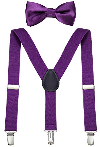 DonDon Jungen Hosenträger Fliegen Set violett elastisch und längenverstellbar für Kinder von 1-8 Jahre Lila
