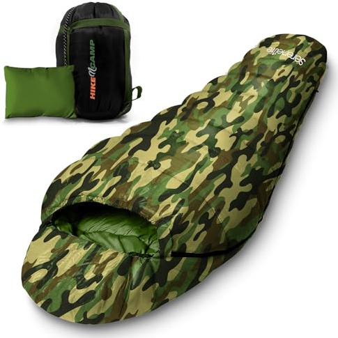 SereneLife Sacco a Pelo da Backpacking per Campeggio - Sacco a Pelo Mummia per Adulti/Adolescenti con Cuscino, Borsa - Sacco Leggero Resistente alle Intemperie per Campeggio, Viaggi - (Mimetico)