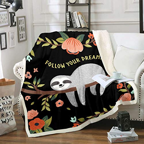Loussiesd Faultier 150x200cm Kuscheldecke Kinder Faultier Tiere Wohndecke Tropische Blumen Blätter Flanell Fleecedecke Schwarz Für Jungen Mädchen Mikrofaser Decke Netter Karikatur Wohndecke