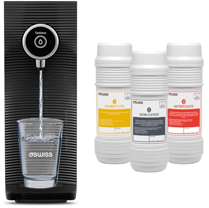 4SWISS Wasserfilter System - Entfernt Bakterien, Schwermetalle, Mikroplastik, Einfache Installation, Hervorragender Geschmack, Mit 3 Filtern, Kostengünstig, Trinkwasserfilteranlage für Zuhause