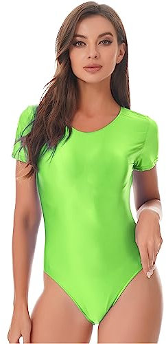 Doomiva Damen Öl Body Glänzende Bodysuit Kurzarm Ballett Trikot Gymnastik Tanz-Body Frauen Fitness Yoga Sportbody Slim Fit Unterhemd Overall Leuchtendes Grün XL